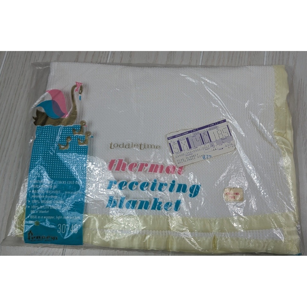 JC Penneys Vintage Receiving Blanket White Thermal Yellow Satin Trim Toddletime